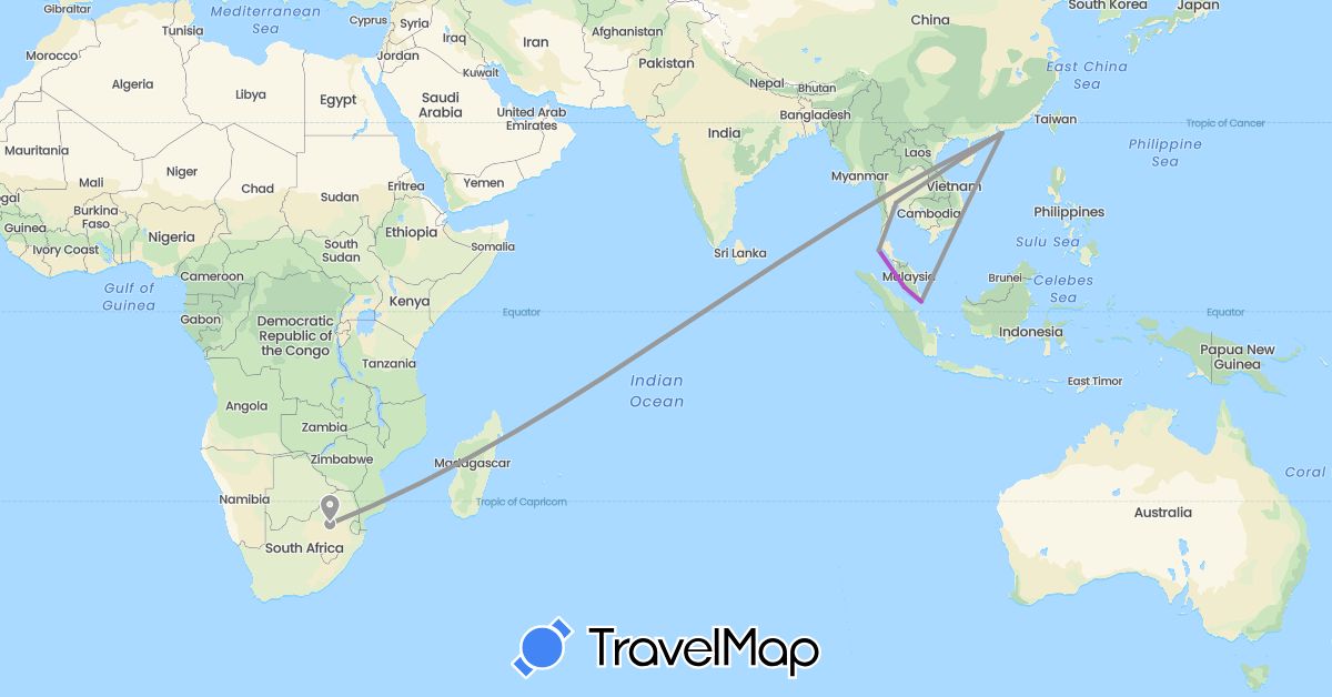 TravelMap itinerary: plane, train in China, Malaysia, Singapore, Thailand, South Africa (Africa, Asia)